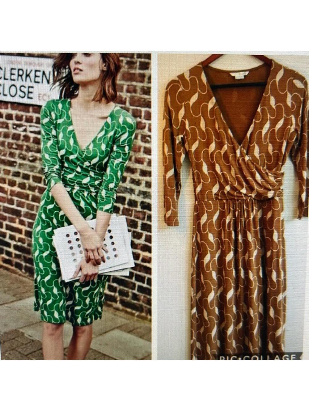 Boden Elana Fixed Wrap Dress with 3/4 Sleeves | Brown Ivory | Size 8 Regular